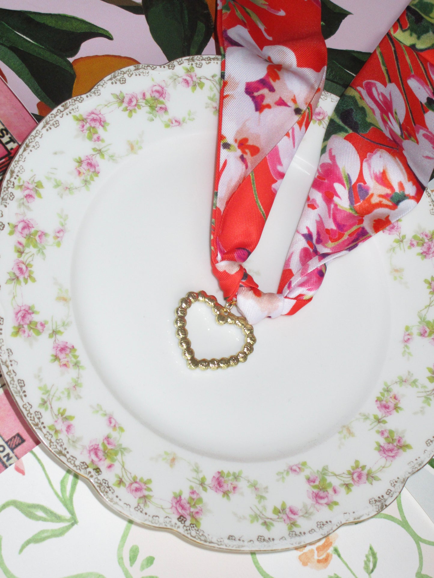 Reversible Heart Scarf Necklace - Orange Floral