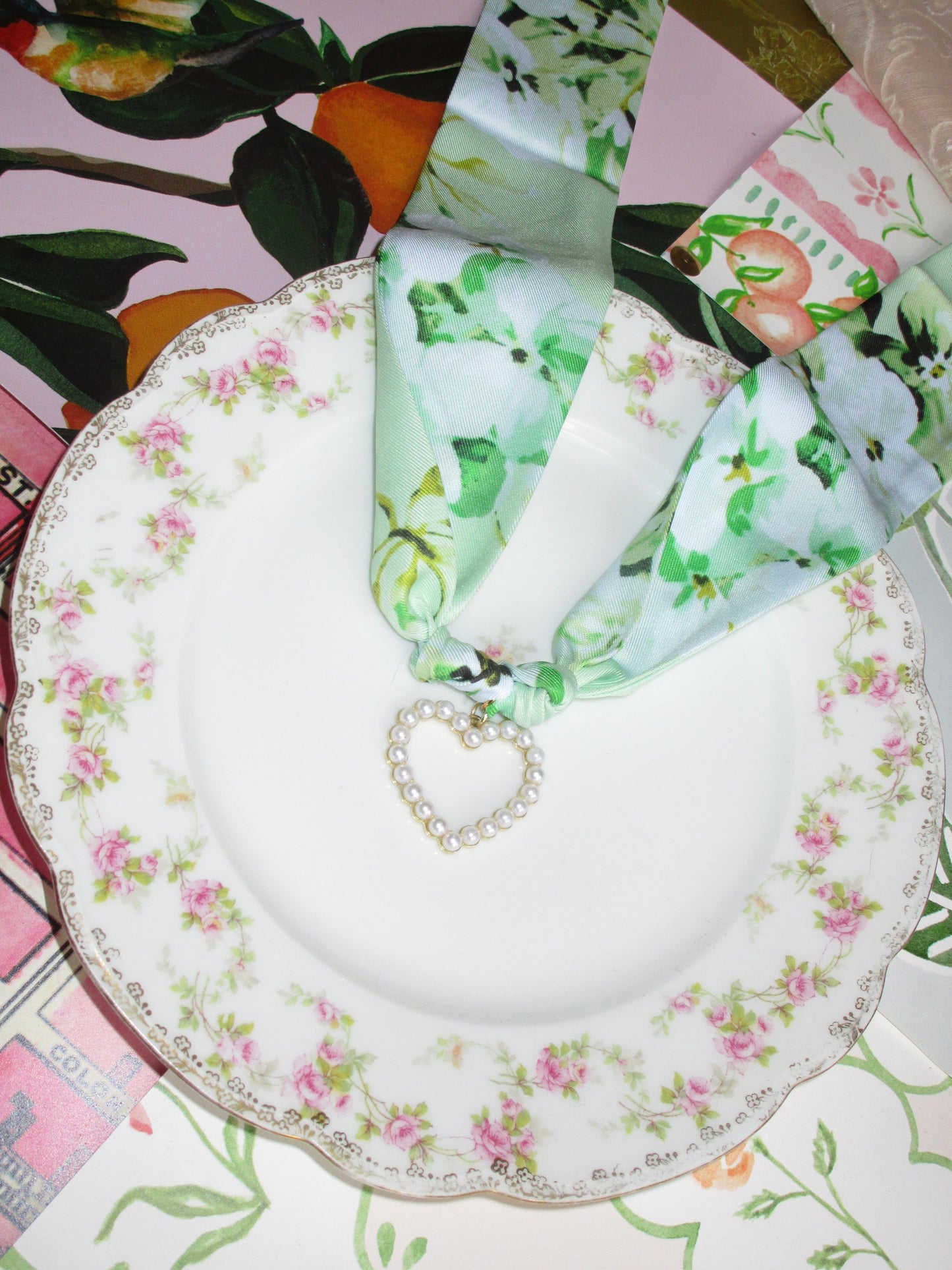 Reversible Heart Scarf Necklace - Green Floral