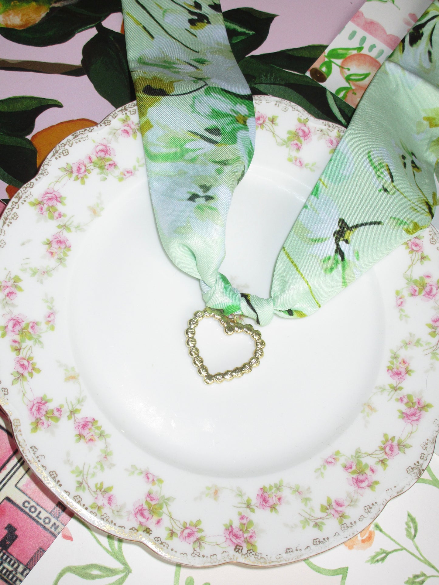 Reversible Heart Scarf Necklace - Green Floral
