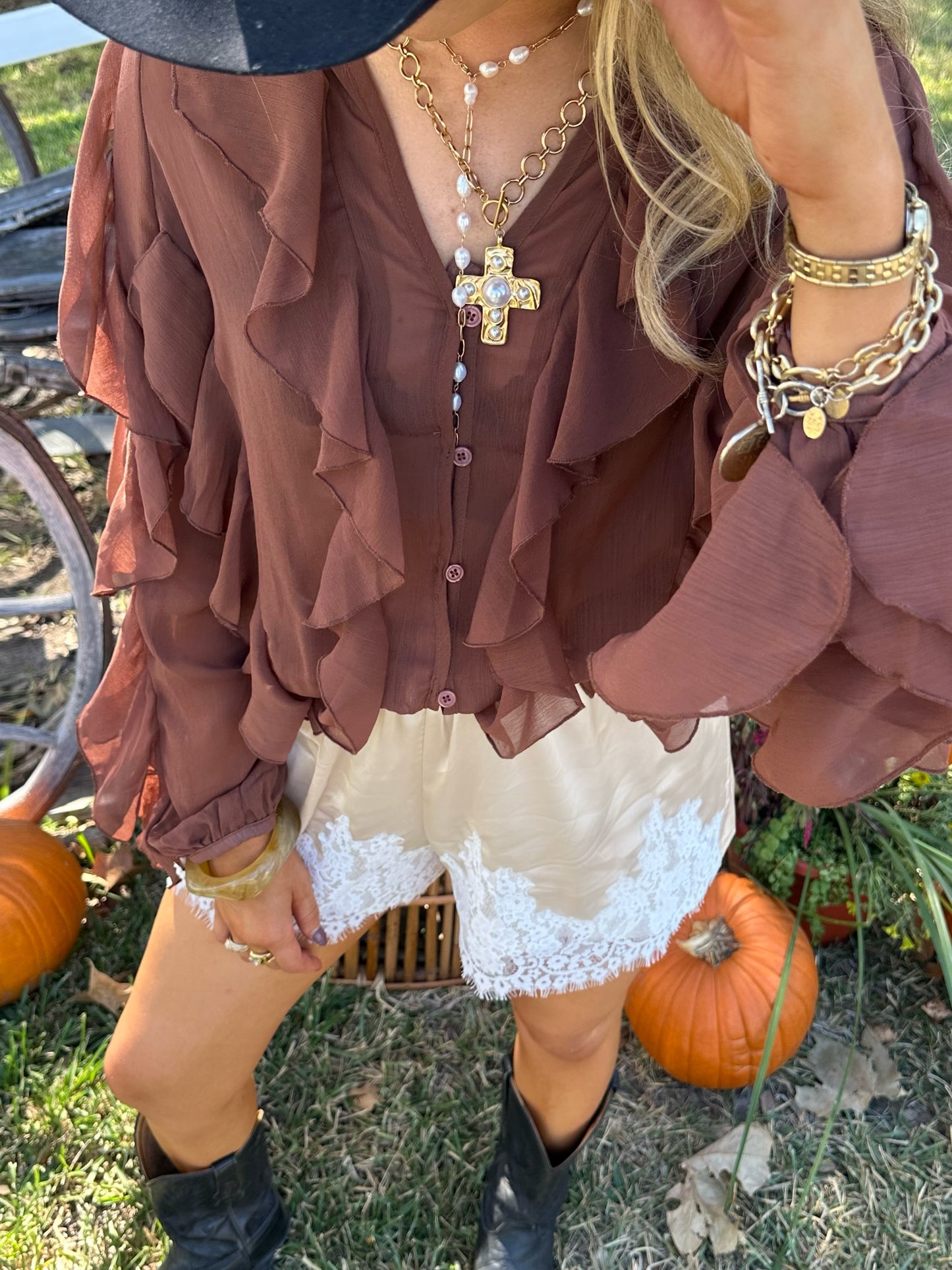 The Hampton Ruffle Top - Brown