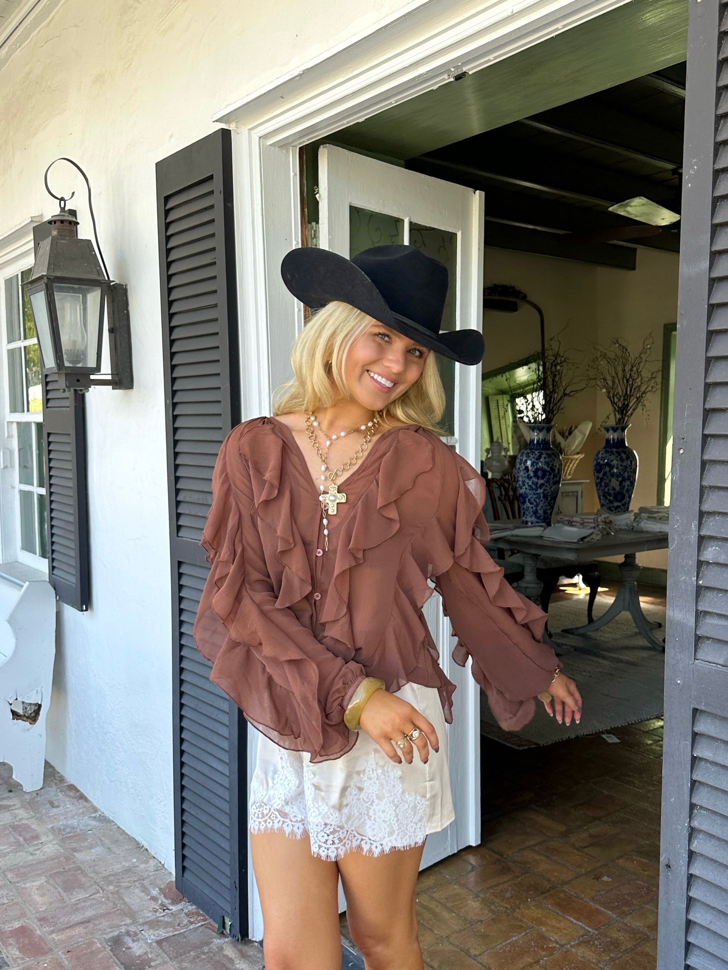 The Hampton Ruffle Top - Brown