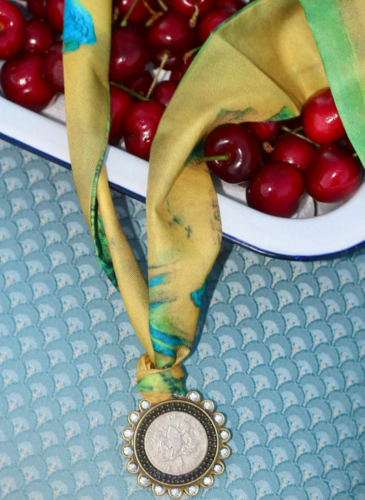 Large Coin Scarf Necklace - Green & Gold